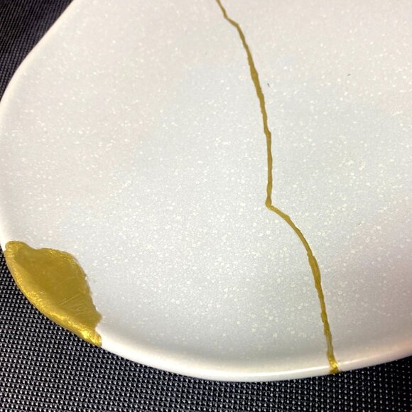 KINTSUGI WABI SABI OAKE GRAY CERAMIC SERVING PLATTER GOLD 15.24"x10.12 HAND MADE - Picture 2 of 8